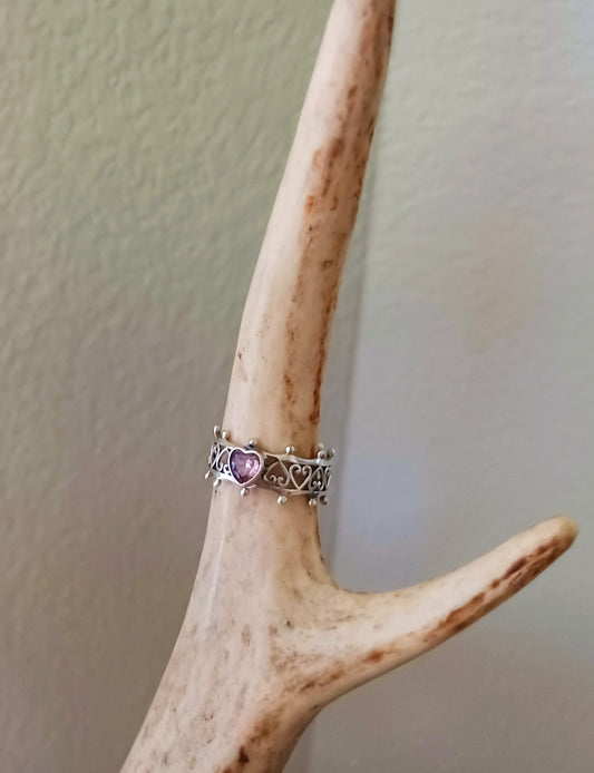 Pink Heart Silver Crown Ring