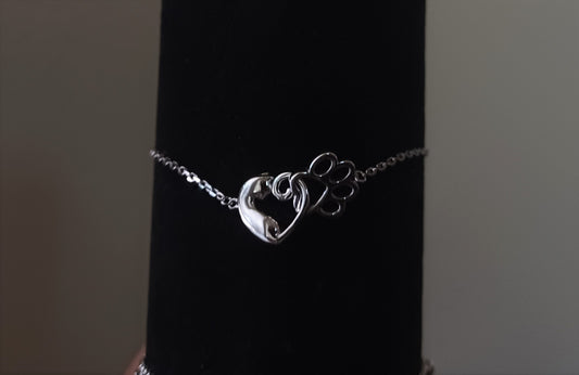 Silver Cat Heart & Paw Bracelet