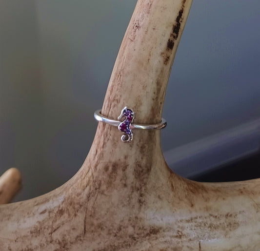 Purple Seahorse Silver Ring