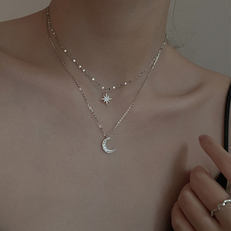 Silver Moon and Star Double Layer Necklaces