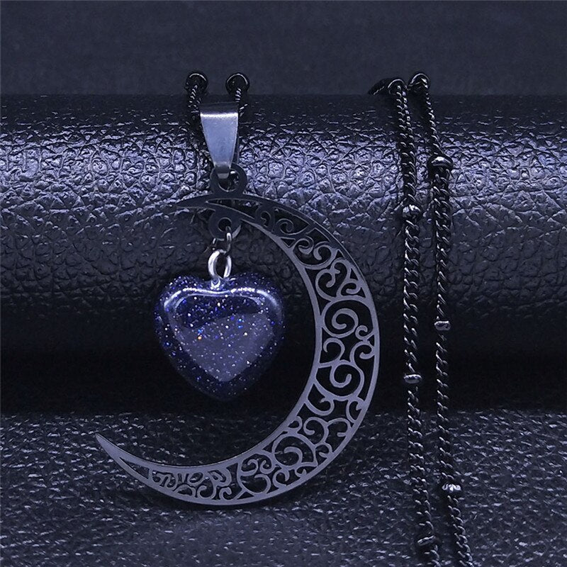 Stainless Steel Moon + Heart Necklace