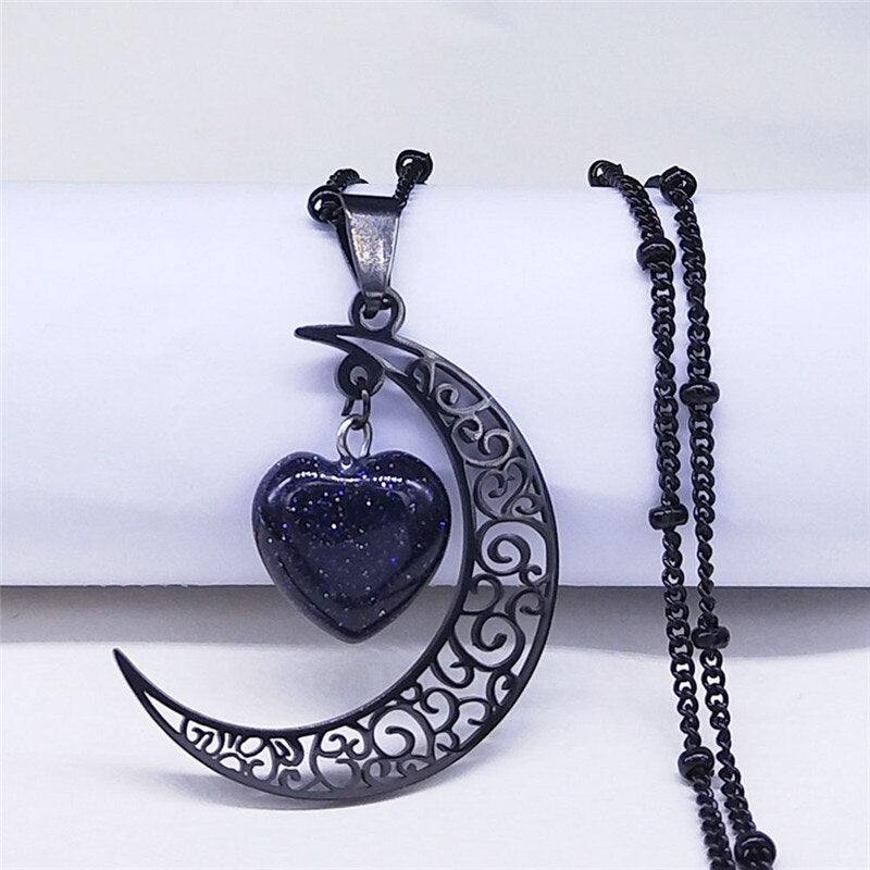 Stainless Steel Moon + Heart Necklace