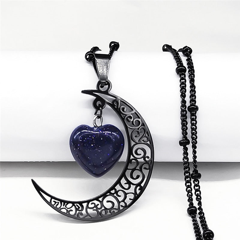 Stainless Steel Moon + Heart Necklace