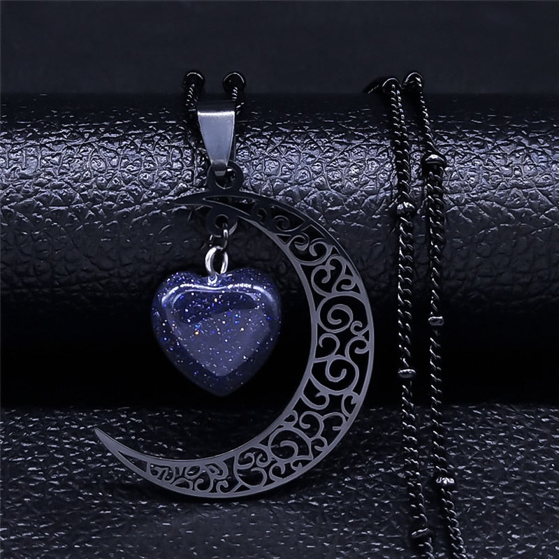 Stainless Steel Moon + Heart Necklace